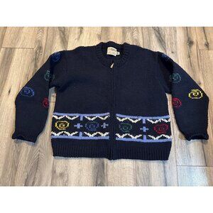 Rev Wear 100% Wool Knit Sweater With Colorful Geometric Patterns & Zip Closure -